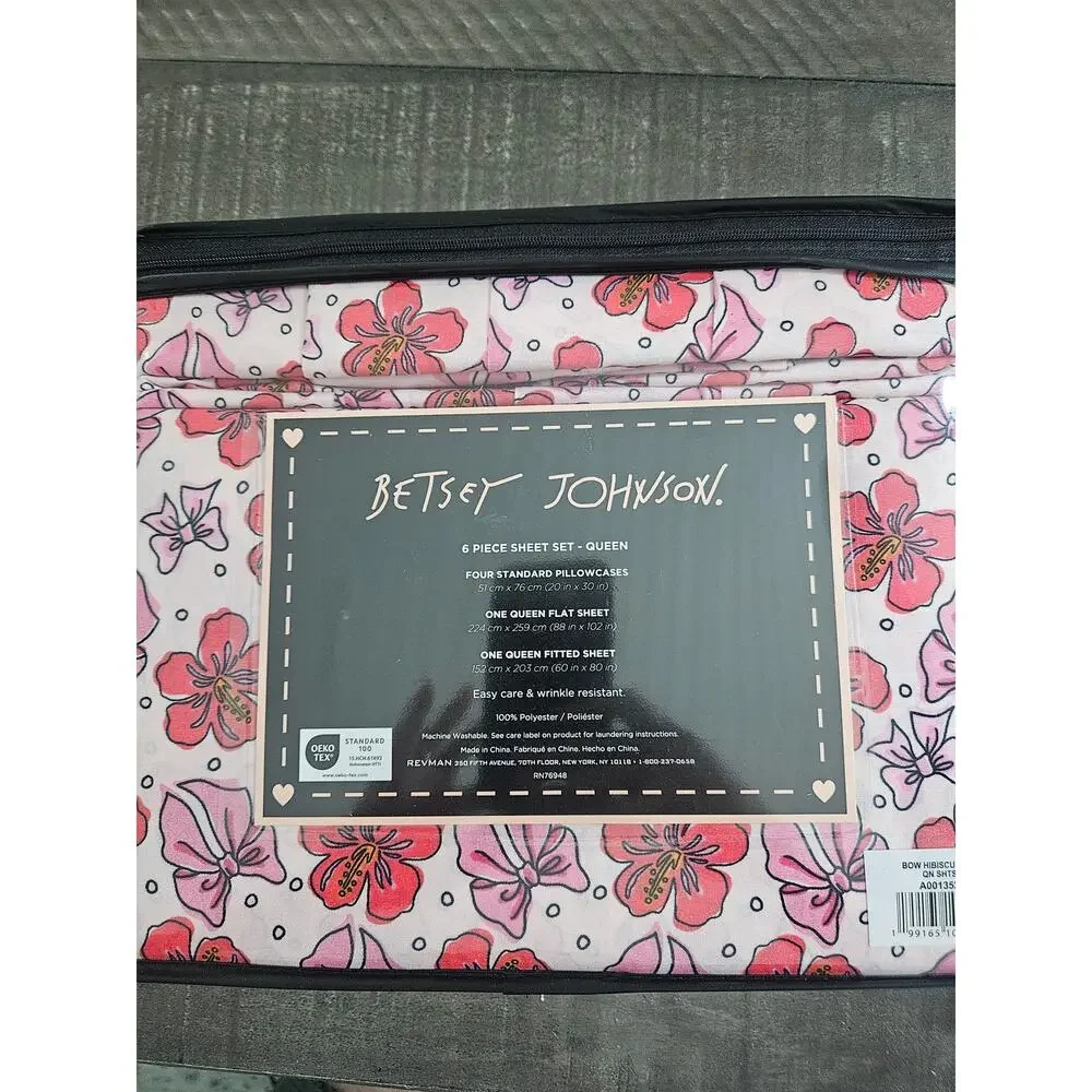 Betsey Johnson 6 piece queen sheet Bow Hibiscus pink Wrinkle Resistant Easy Care